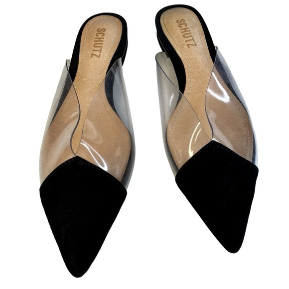 Schutz ‘Annalise’ Black Suede and Clear PVC Mules Falts Slides Size 6 - Picture 1 of 6